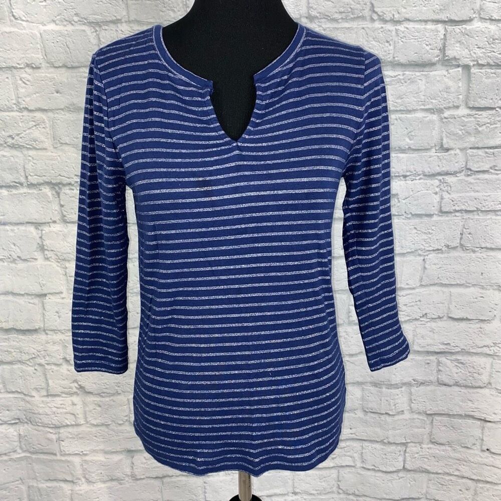 Joe fresh stripe v-cut 3/4 sleeve top blue sz LG women